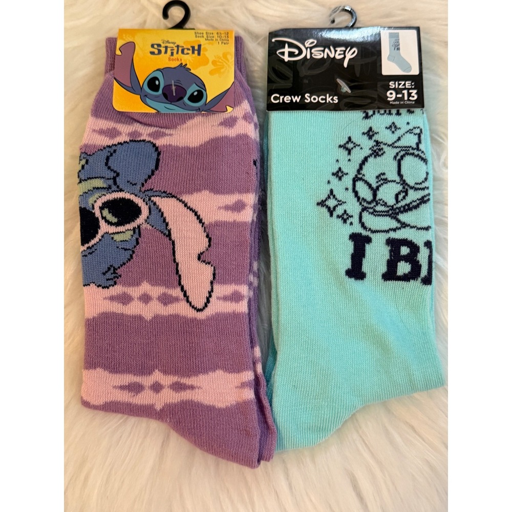 Disney Lilo & Stitch Crew Socks Bundle Purple Striped & Mint I Bite 2 Pairs NEW - Picture 2 of 12
